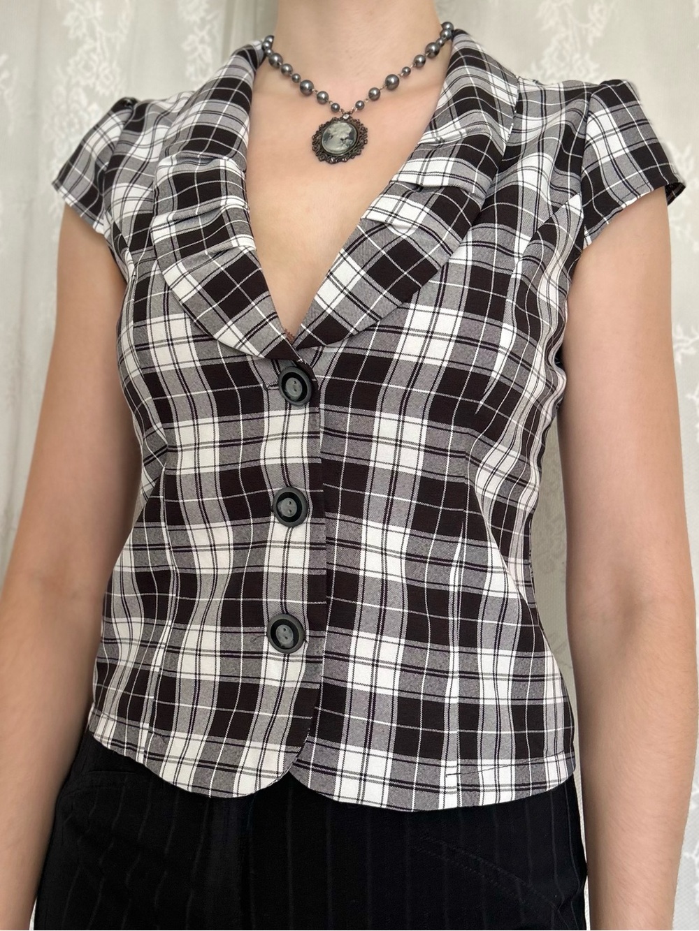 2000s Office Siren Plaid Blouse